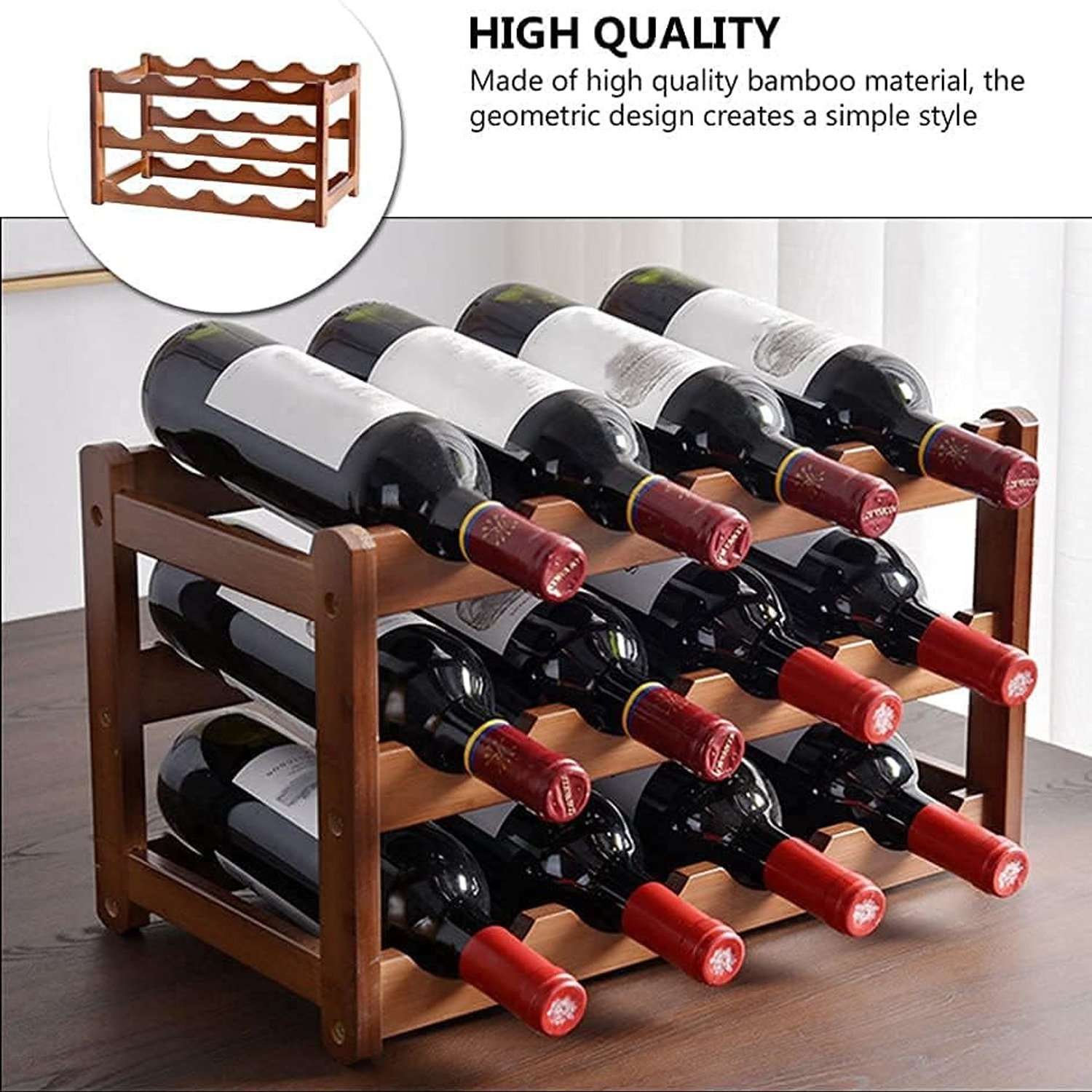 Bamboo Wine Rack 12 Bottle 3-Tier Countertop Stand, detail view