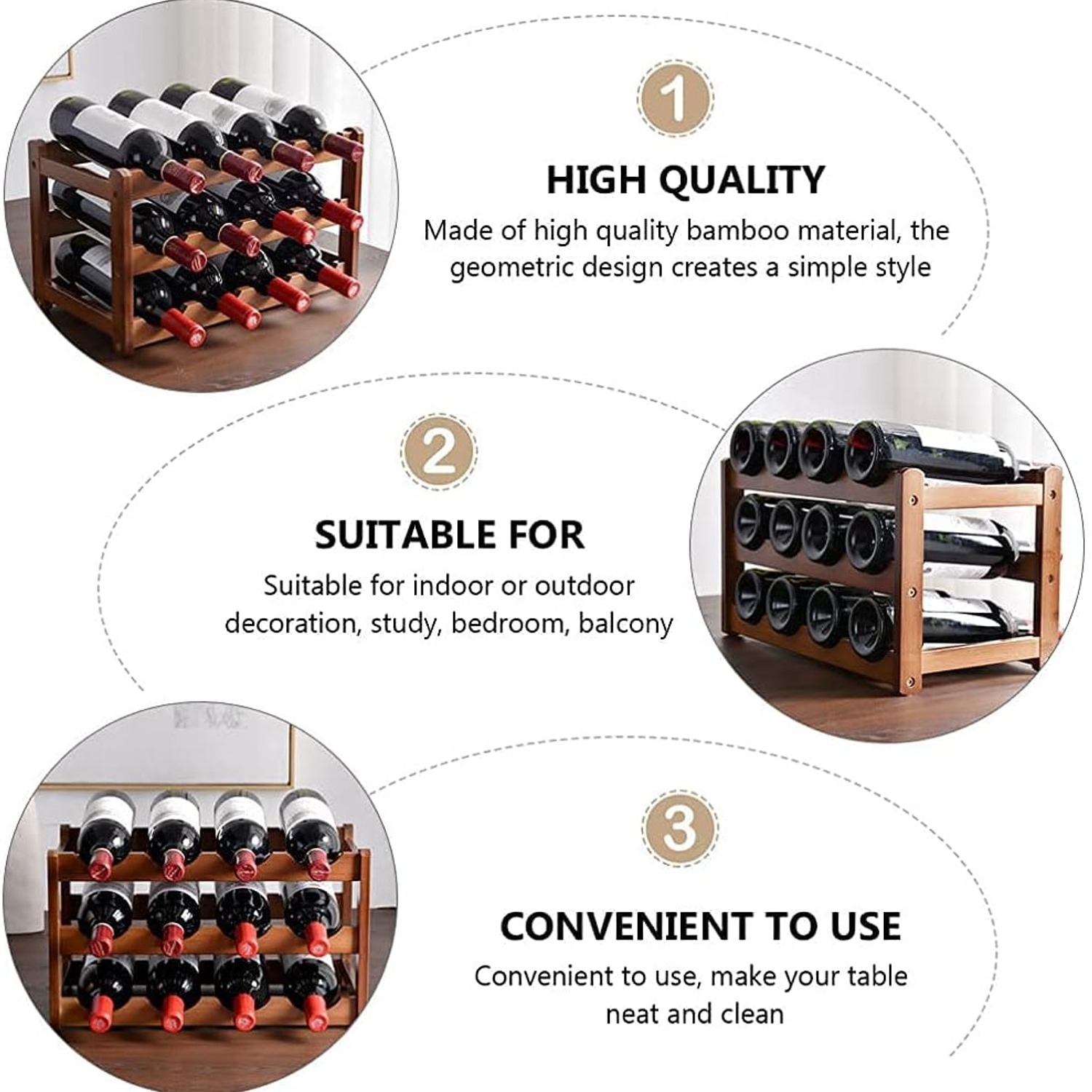 Bamboo Wine Rack 12 Bottle 3-Tier Countertop Stand