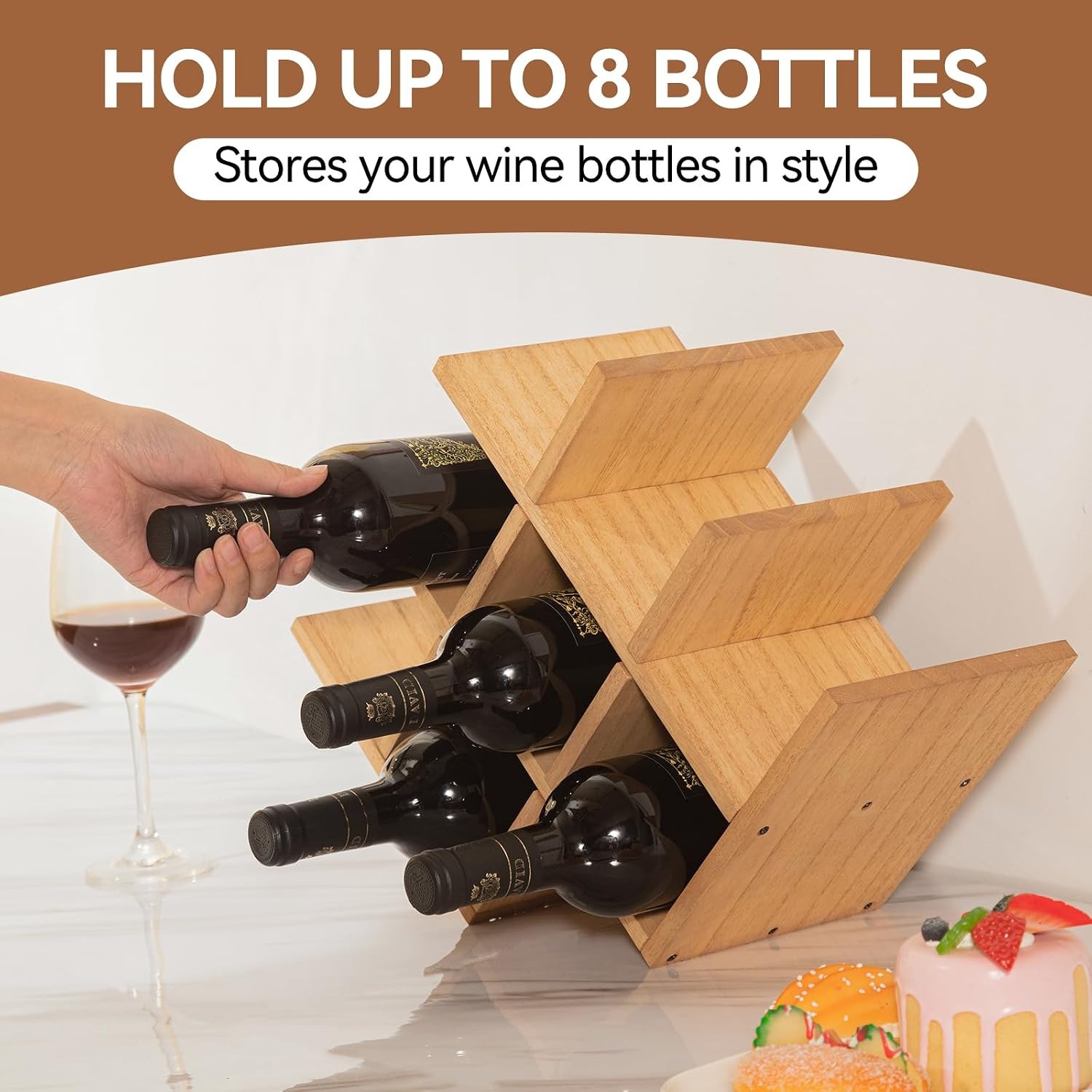 3-Tier Wooden Wine Rack (8 Bottle, Countertop)